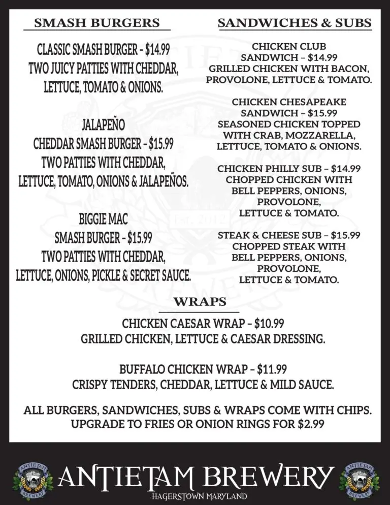 Antietam Brewery Menu - Back